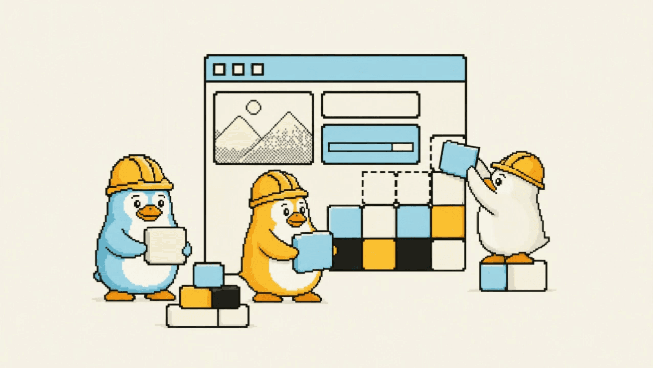 Three hard-hat penguins building a retro pixel-art app window out of theme-colored blocks - the app screen alive with a little mountains-and-sun scene.